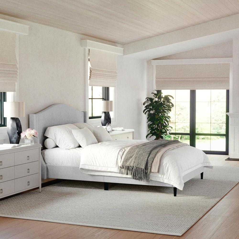 imageMartha Stewart Amelia Platform Bed with Curved Headboard and Cushioned Side Rails Faux Linen Upholstery Wood Slat Foundation No Box Spring Needed Queen BeigeGray FabricBlack Legs