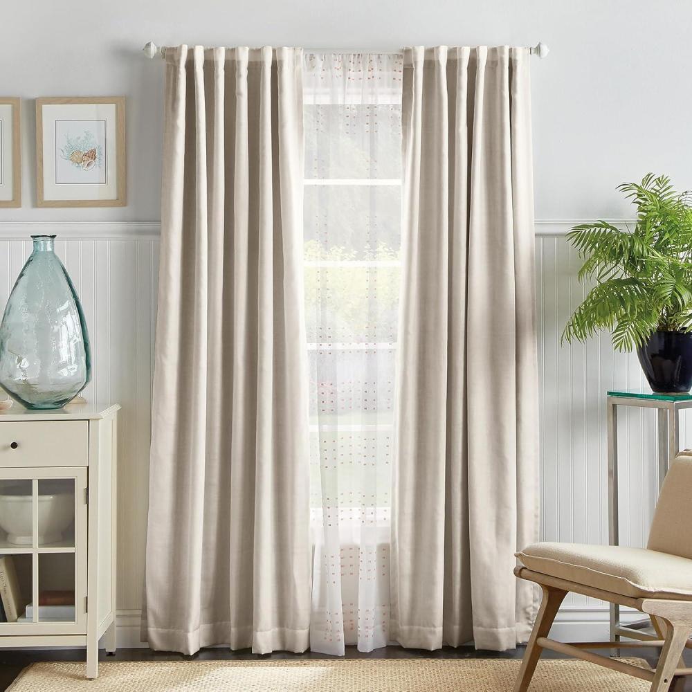 imageMartha Stewart Bedford Woven Plaid Blackout Back Tab Window Curtain Panel Pair 95 LinenWhite