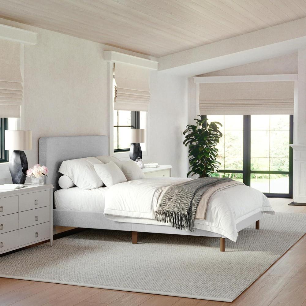imageMartha Stewart Britta Platform Bed with Headboard amp Footboard Faux Linen Upholstery with Piping Detail Rounded Headboard No Box Spring Needed Queen BeigeGray FabricWalnut Legs