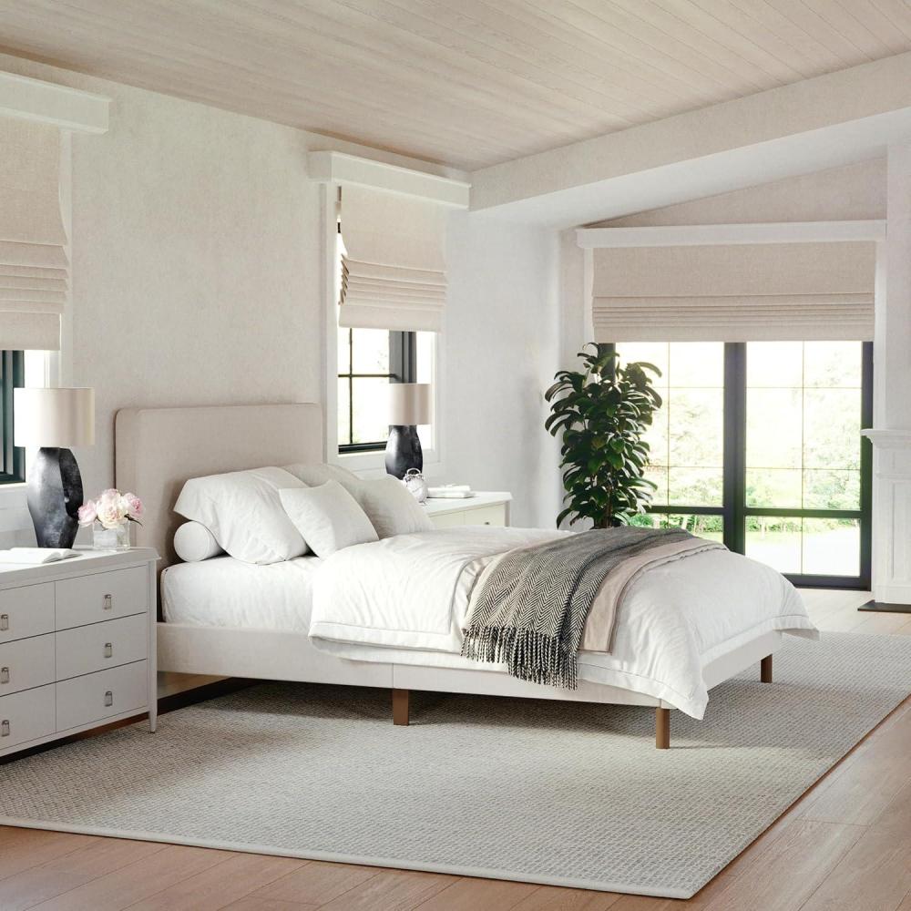 imageMartha Stewart Britta Platform Bed with Headboard amp Footboard Faux Linen Upholstery with Piping Detail Rounded Headboard No Box Spring Needed Queen BeigeBeige FabricWalnut Legs