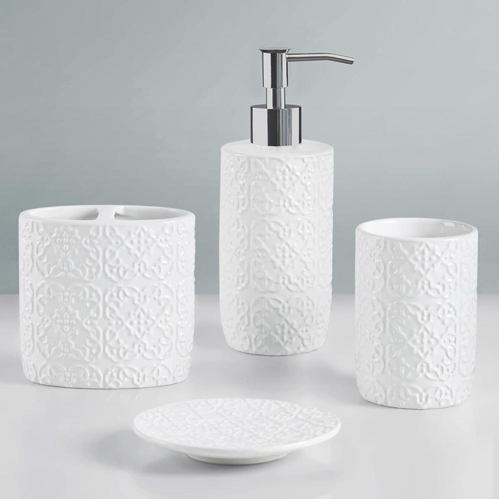 imageMartha Stewart Ceramic Bathroom Accessories Set Vanity Decor Storage Organizer Embossed Damask Medallion LotionSoap Dispenser Toothbrush Holder Tumbler Trinket Dish Assorted Sizes WhiteWhite