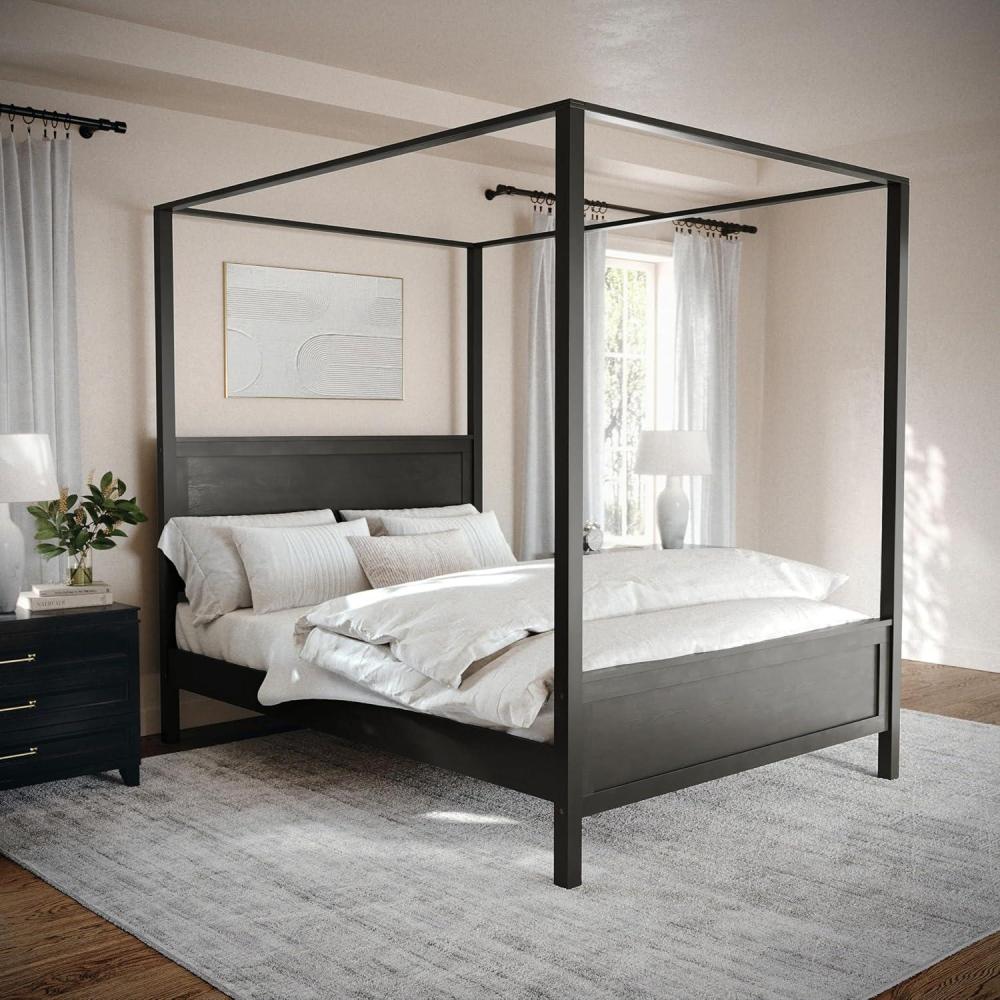 imageMartha Stewart Hayes Canopy Platform Bed with Wood Headboard and Footboard Solid Wood Frame No Box Spring Needed Queen Size Dark Gray