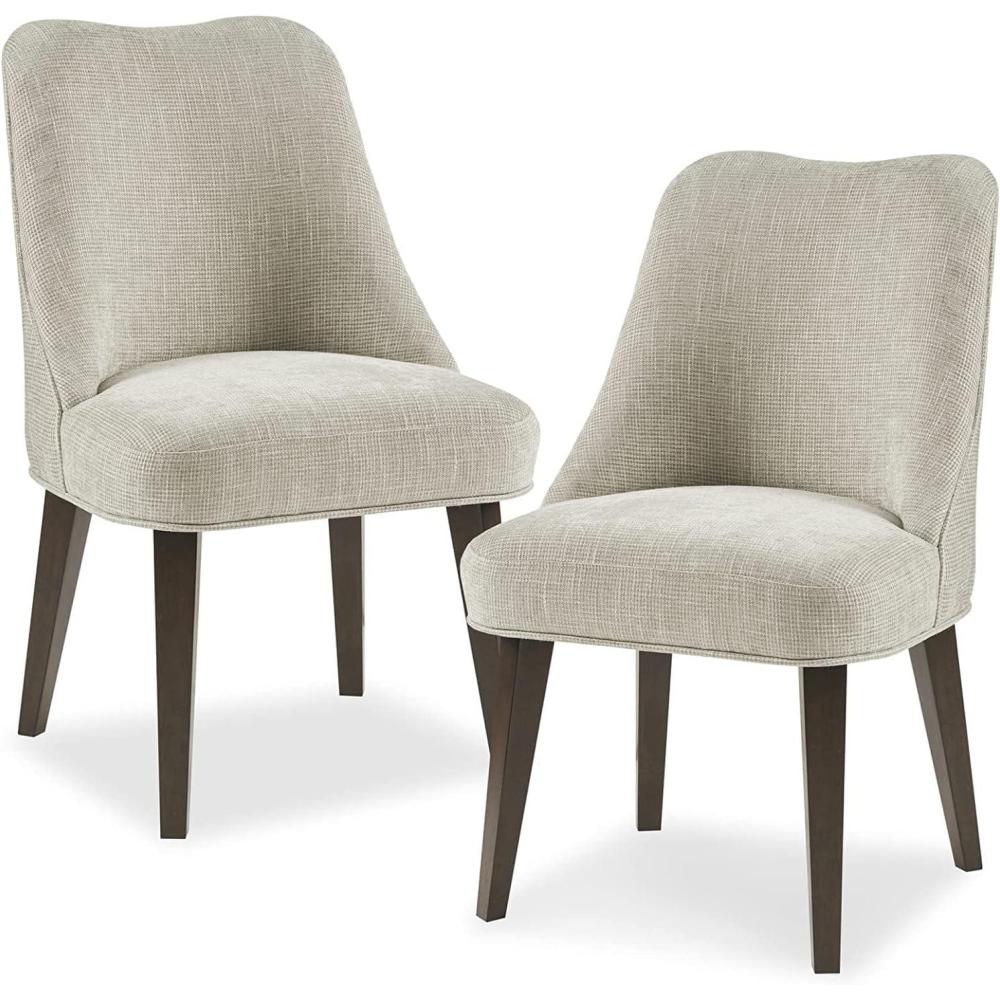 imageMartha Stewart Holls A Pair Dining Chairs Swoop Arm Curved Upholstered Back Round Piping Foam Seat Cushion Modern Kitchen Furniture Dark Finished Solid Wood Legs 35 H Beige 2 PieceHolls