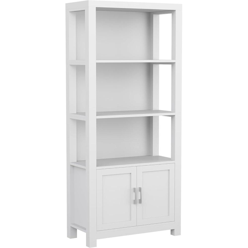 imageMartha Stewart Hutton Four Tier Shaker Bookcase with Storage Cabinet in Gray Washed Wood with Oil Rubbed Bronze HardwareGray FrameBrushed Nickel Hardware