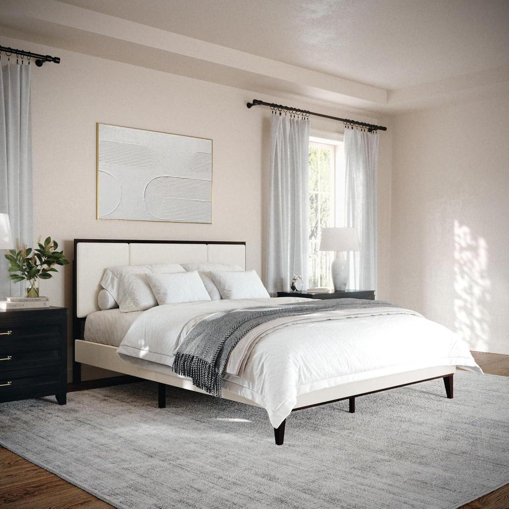 imageMartha Stewart Jett Platform Bed with Headboard Fabric Upholstered Inset Headboard and Base Solid Wood Frame No Box Spring Needed Queen Dark BrownBeigeBeige FabricDark Brown Frame