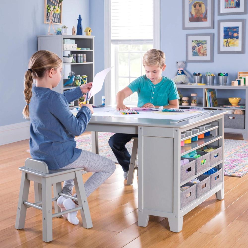 imageMartha Stewart Kids Art Table and Stools Set Gray Wooden Kids Activity Table and Chairs Set wStorage Bins Paper Roll for Coloring amp Craft Activities Study amp Play Desk for Playroom FurnitureGrey