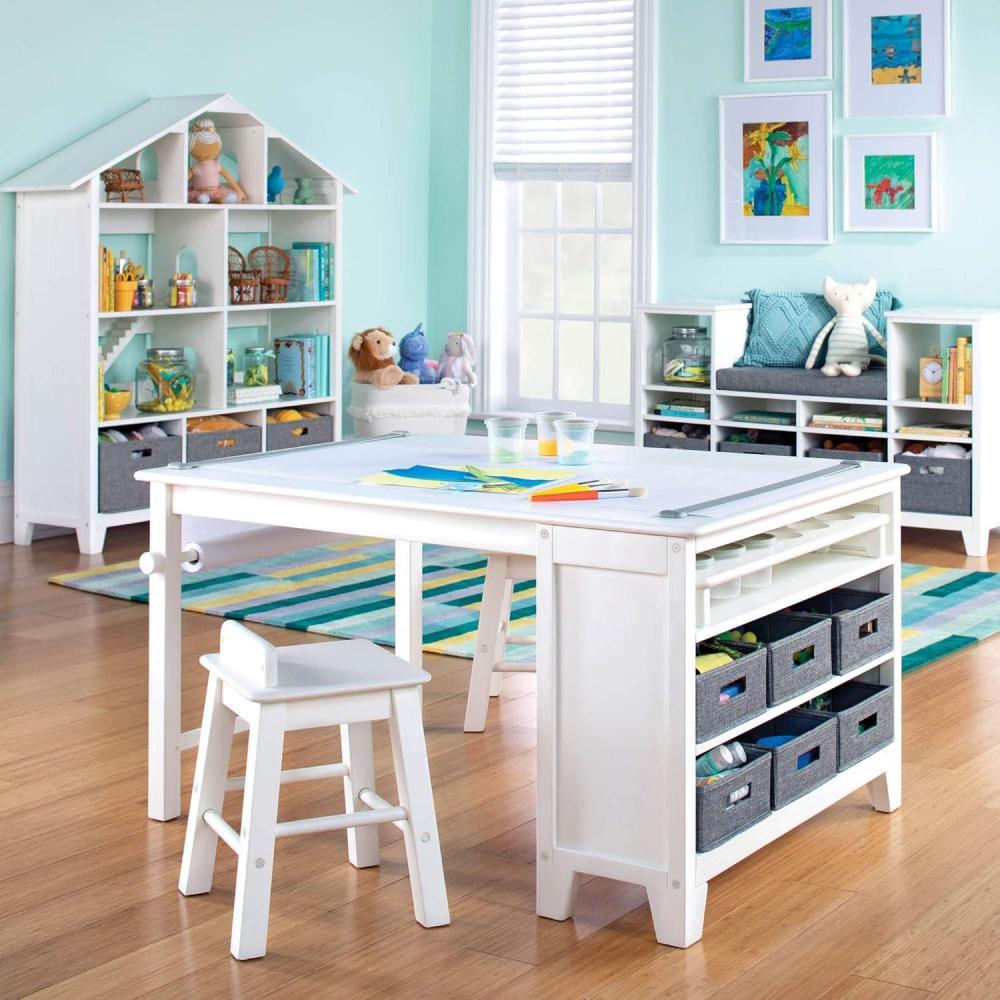 imageMartha Stewart Kids Art Table and Stools Set Gray Wooden Kids Activity Table and Chairs Set wStorage Bins Paper Roll for Coloring amp Craft Activities Study amp Play Desk for Playroom FurnitureLinen White