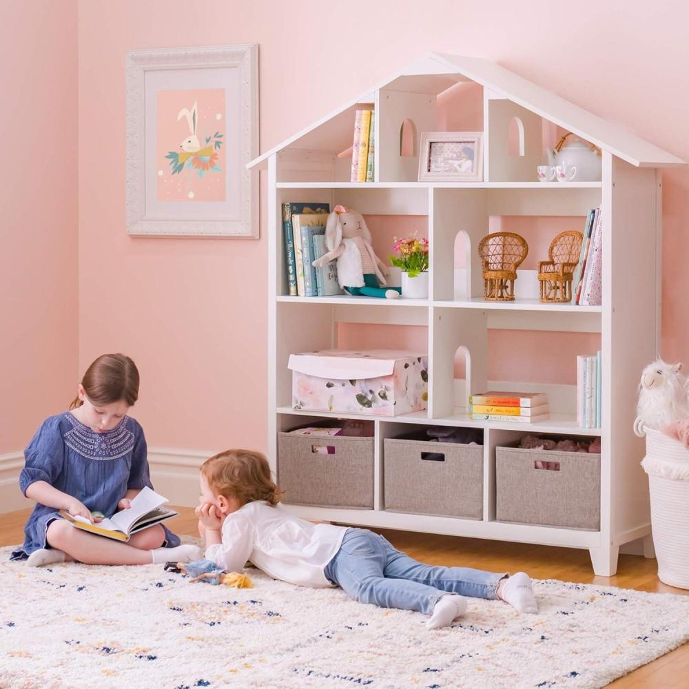 imageMartha Stewart Kids Deluxe Dollhouse Bookcase Gray Kids Wooden Bookshelf and Tall Book Shelf Organizer with Toy Storage Toddler Book Rack Dollhouse Bookshelf Playroom or Bedroom StorageLinen White