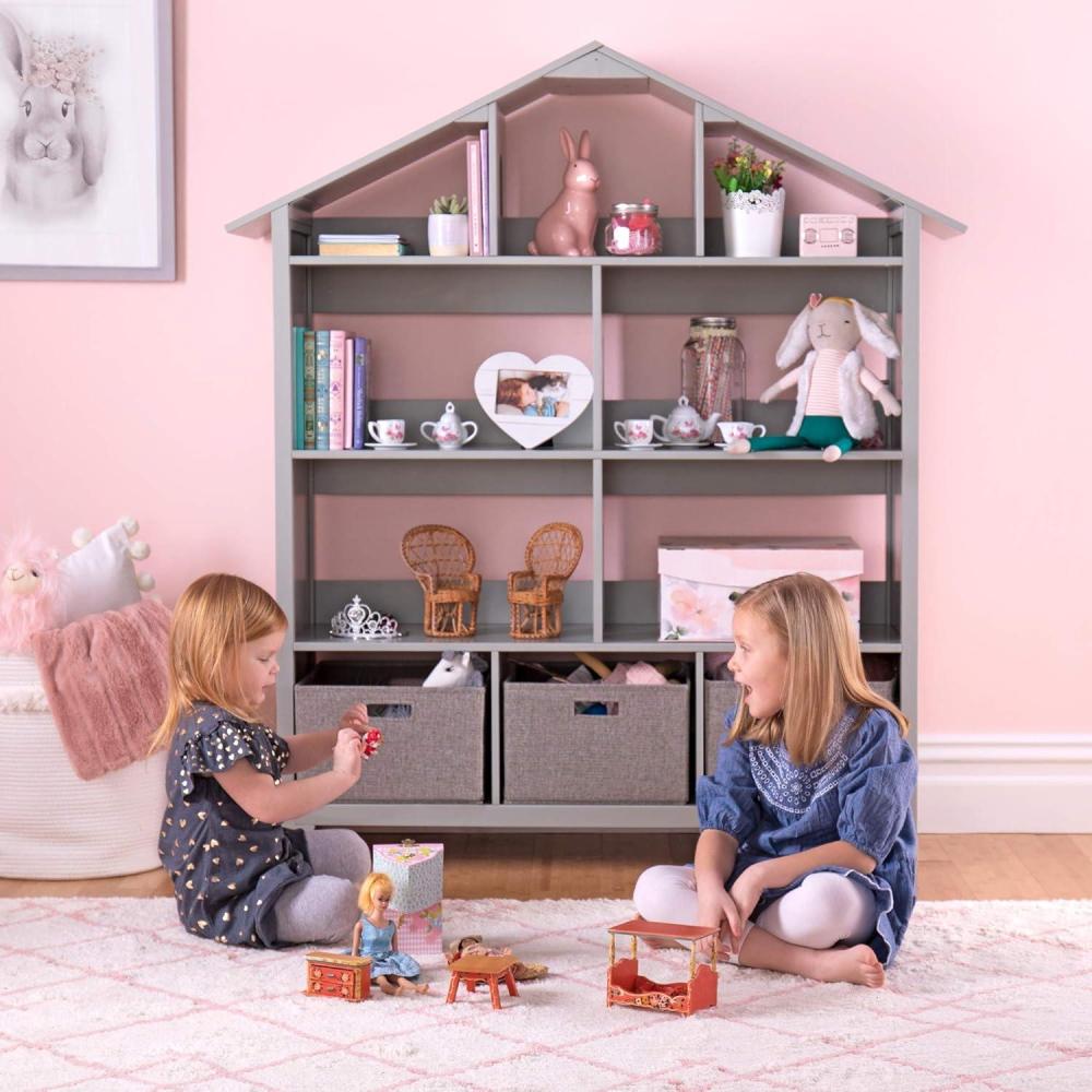 imageMartha Stewart Kids Deluxe Dollhouse Bookcase Gray Kids Wooden Bookshelf and Tall Book Shelf Organizer with Toy Storage Toddler Book Rack Dollhouse Bookshelf Playroom or Bedroom StorageGrey