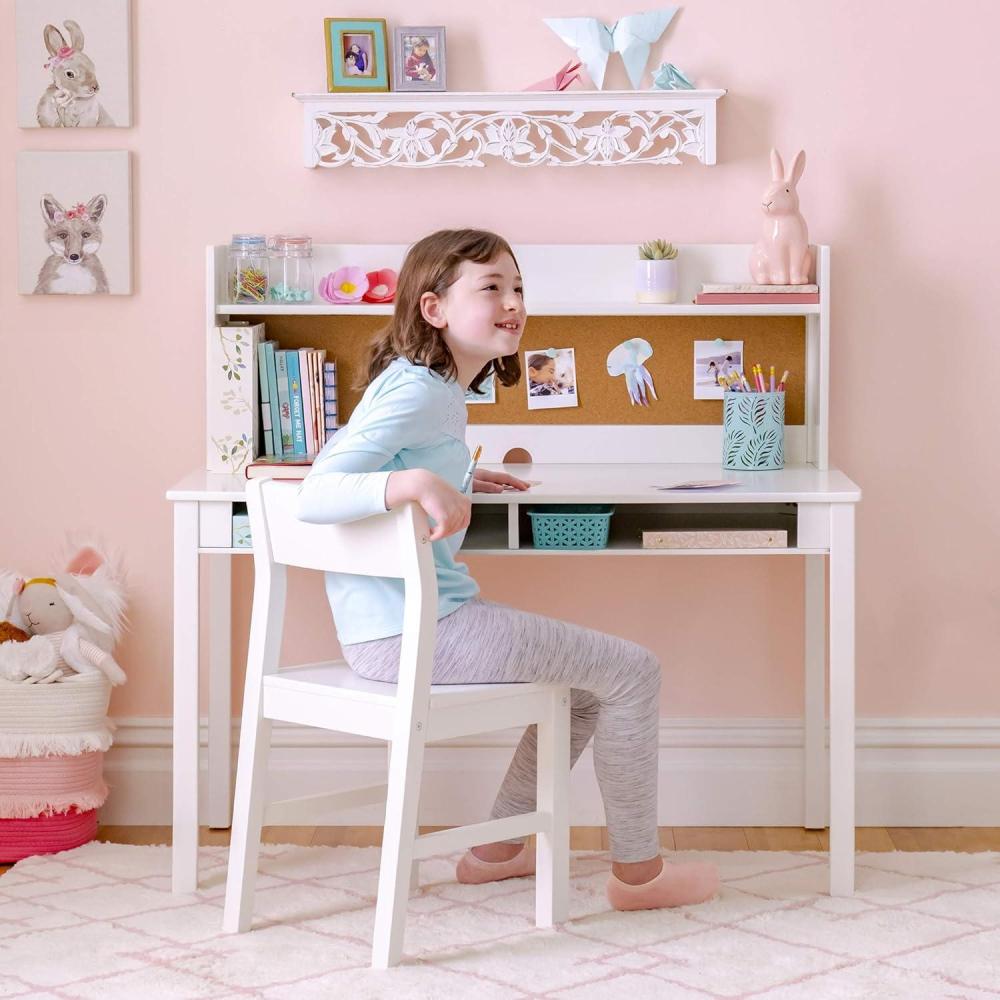 imageMartha Stewart Kids Desk with Hutch and Chair by Guidecraft  Linen White Wooden Study Table with Storage and Corkboard  Kids Bedroom Furniture Set Desk and Chair Set Ages 512Linen White