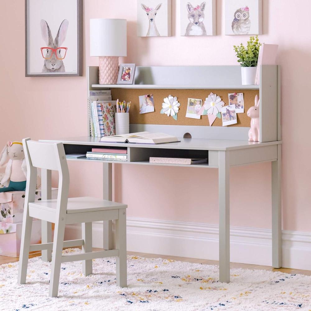 imageMartha Stewart Kids Desk with Hutch and Chair by Guidecraft Linen White Wooden Study Table with Storage and Corkboard Kids Bedroom Furniture Set Desk and Chair Set Ages 512Grey