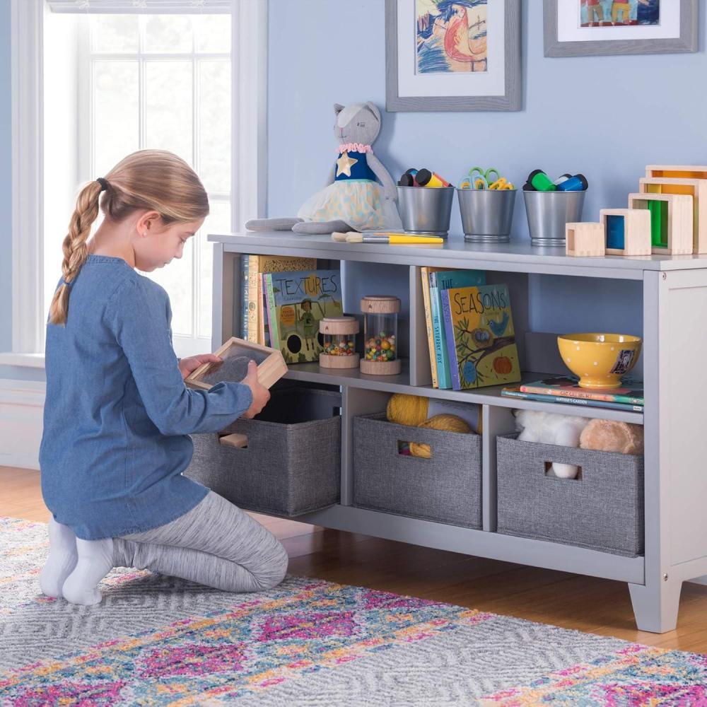 imageMartha Stewart Kids Low Bookcase Gray 24 Inch Wooden Storage Organizer Cubby with Fabric Bins for Playroom and BedroomGrey