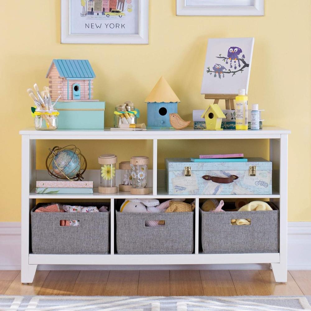 imageMartha Stewart Kids Low Bookcase Gray 24 Inch Wooden Storage Organizer Cubby with Fabric Bins for Playroom and BedroomLinen White
