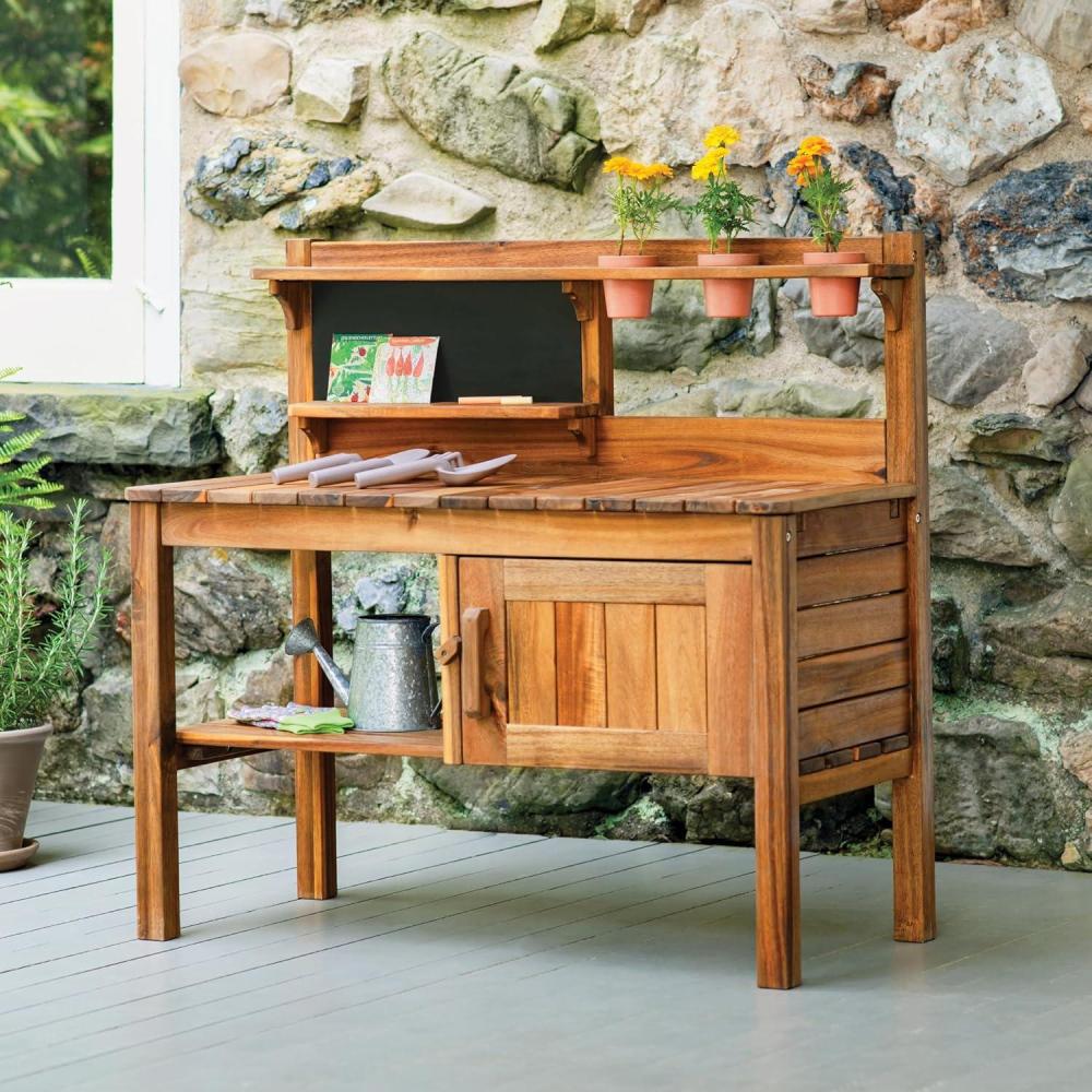 imageMartha Stewart Kids Outdoor Potting Bench Acacia Wood Kids Gardening Set with Pots Garden Tools Soil Bin and Open Shelves Wide Extendable Workspace Wooden Backyard Playset for Outdoor Activity