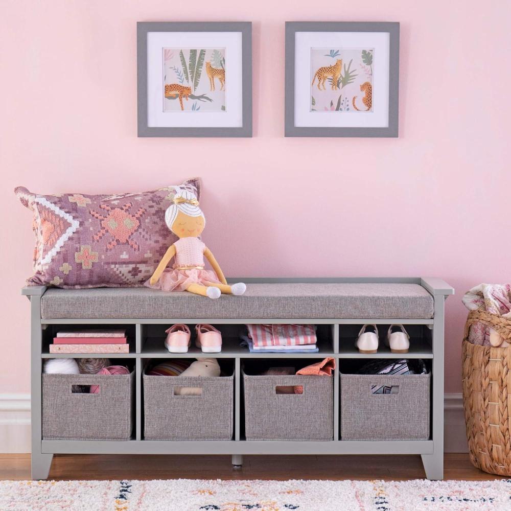 imageMartha Stewart Kids Storage Bench Gray Wooden Toy and Book Organizer with Shelves Builtin Cushion and Fabric Bins for Playroom and BedroomGrey