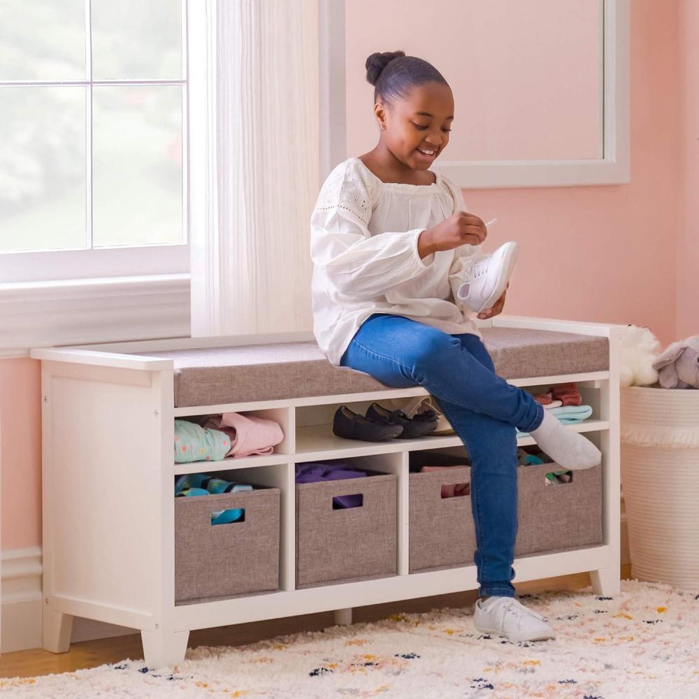 imageMartha Stewart Kids Storage Bench Gray Wooden Toy and Book Organizer with Shelves Builtin Cushion and Fabric Bins for Playroom and BedroomLinen White