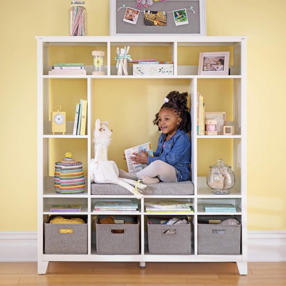imageMartha Stewart Kids Storage System Linen White Wood Bookshelf Cubby with Seat Cushion Shelves and Storage Bins Reading Nook Bookcase and Kids Room Storage BenchLinen White