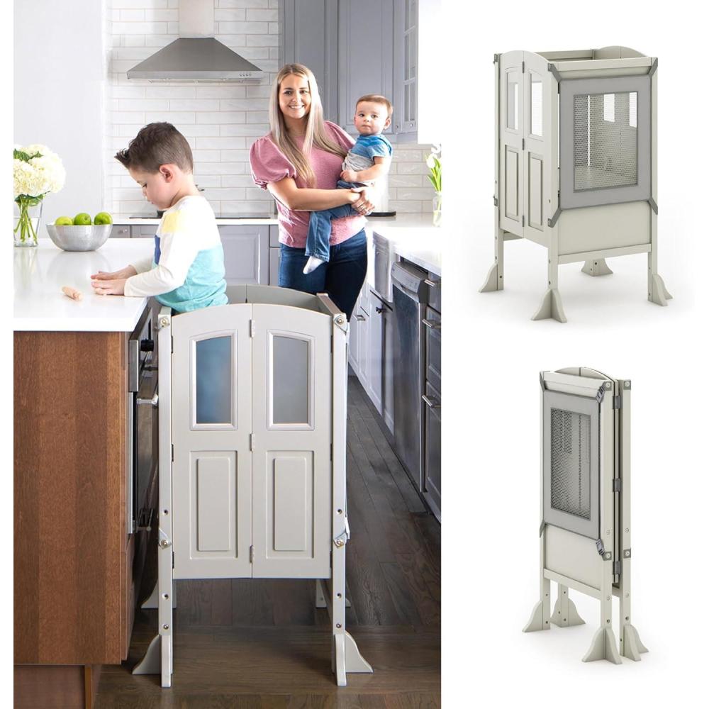 imageMartha Stewart Kitchen Helper Toddler Tower by Guidecraft Linen White Foldable Wooden Learning Toddler Standing Tower amp Adjustable Step Stool Montessori Kids Counter Height Kitchen StoolTaupe