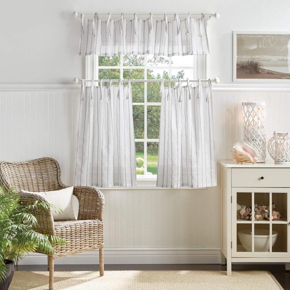 imageMartha Stewart Laguna Stripe SemiSheer Tie Tab Window Curtain Valance and Tiers Set MochaMocha