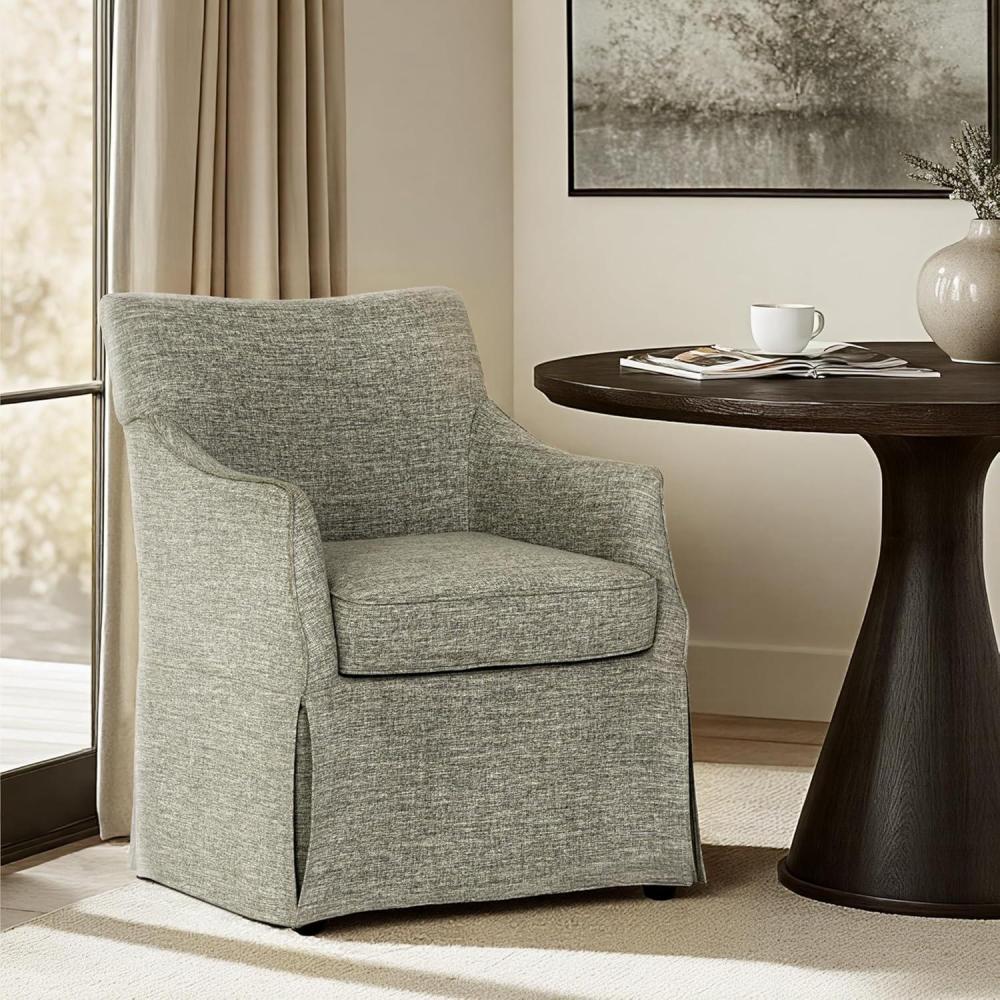 imageMartha Stewart London Upholstered Skirted Dining Arm Chair with Casters Curved Back Removable Seat Cushion for Dining Room Home Office or Living Space Light BlueGrey