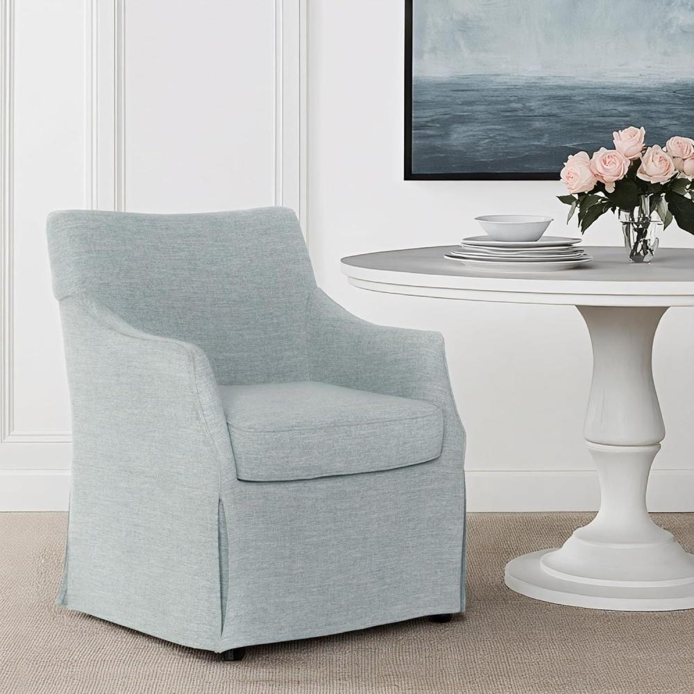 imageMartha Stewart London Upholstered Skirted Dining Arm Chair with Casters Curved Back Removable Seat Cushion for Dining Room Home Office or Living Space Light BlueLight Blue