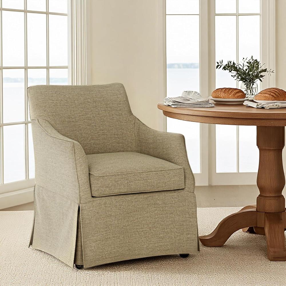 imageMartha Stewart London Upholstered Skirted Dining Arm Chair with Casters Curved Back Removable Seat Cushion for Dining Room Home Office or Living Space Light BlueBeige
