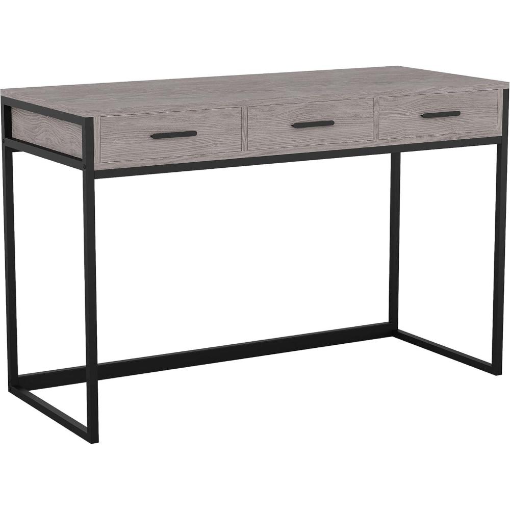 imageMartha Stewart Ollie Home Office Desk with 3 Drawers in Walnut Wood Grain with Polished Brass HardwareGray TopOil Rubbed Bronze Frame