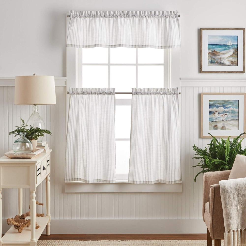 imageMartha Stewart Ticking Stripe 3Piece Window Curtain Valance and Tiers Set White GreyWhite Grey