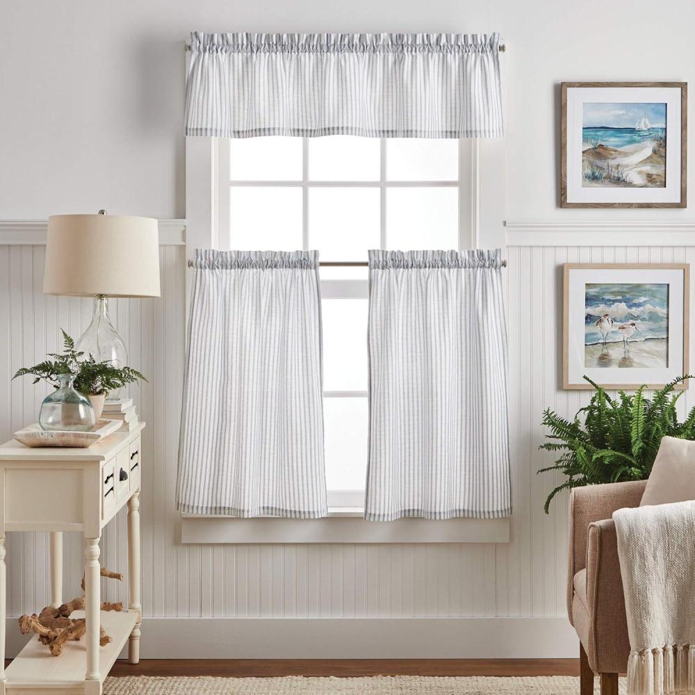 imageMartha Stewart Ticking Stripe 3Piece Window Curtain Valance and Tiers Set White GreyWhite Indigo