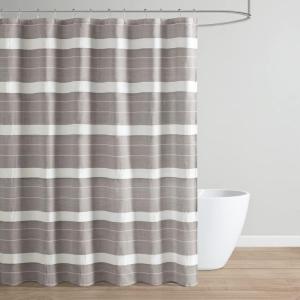 Martha Stewart Adrien Farmhouse Shower Curtain, Neutral Color Striped Design with Pleated Accent, Soft Woven Fabric Shower Curtain Boho Modern Bathroom Décor, Machine Washable 72″ x 72″, Charcoal(Linen)