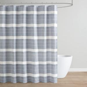 Martha Stewart Adrien Farmhouse Shower Curtain, Neutral Color Striped Design with Pleated Accent, Soft Woven Fabric Shower Curtain Boho Modern Bathroom Décor, Machine Washable 72″ x 72″, Charcoal(Denim)