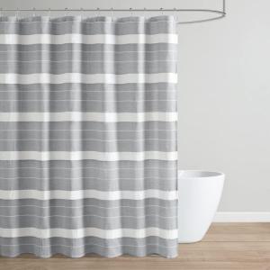 Martha Stewart Adrien Farmhouse Shower Curtain, Neutral Color Striped Design with Pleated Accent, Soft Woven Fabric Shower Curtain Boho Modern Bathroom Décor, Machine Washable 72″ x 72″, Charcoal(Charcoal)