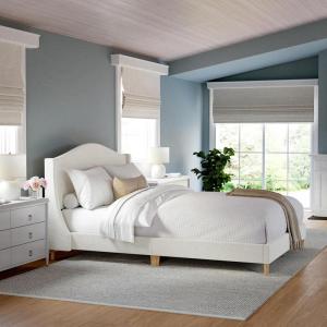 Martha Stewart Amelia Platform Bed with Curved Headboard and Cushioned Side Rails, Faux Linen Upholstery, Wood Slat Foundation, No Box Spring Needed, Queen, Beige(Off-white Boucle/Light Beech Legs)