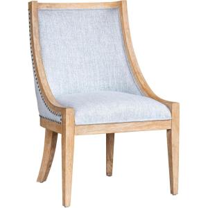 Martha Stewart Farmhouse Dining Room Chair, Recessed Arm Chair for Bedrooms, Nailhead Trim, Solid Wood Legs, Upholstered Reading Accent Chairs for Living Room, Kitchen Décor, Elmherst – Linen Color(Light Blue)