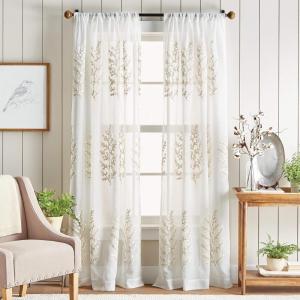Martha Stewart Georgia Embroidery Sheer Rod Pocket Window Curtain Panel Pair, 84, Ivory(Ivory)