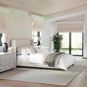Martha Stewart Kay Low Profile Platform Bed with Wingback Headboard, Channel Stitched Faux Linen Upholstery, No Box Spring Needed, King, Gray(Beige Fabric/Walnut Legs)