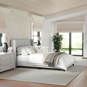 Martha Stewart Kay Low Profile Platform Bed with Wingback Headboard, Channel Stitched Faux Linen Upholstery, No Box Spring Needed, King, Gray(Gray Fabric/Black Legs)