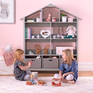 Martha Stewart Kids’ Deluxe Dollhouse Bookcase – Gray: Kids Wooden Bookshelf and Tall Book Shelf Organizer with Toy Storage | Toddler Book Rack | Dollhouse Bookshelf | Playroom or Bedroom Storage(Grey)