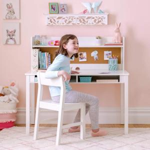 Martha Stewart Kids’ Desk with Hutch and Chair by Guidecraft – Linen White: Wooden Study Table with Storage and Corkboard | Kids’ Bedroom Furniture Set, Desk and Chair Set Ages 5-12(Linen White)