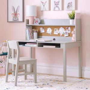 Martha Stewart Kids’ Desk with Hutch and Chair by Guidecraft – Linen White: Wooden Study Table with Storage and Corkboard | Kids’ Bedroom Furniture Set, Desk and Chair Set Ages 5-12(Grey)