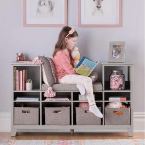 Martha Stewart Kids’ Reading Nook – Gray: Wooden Storage Bench Bookcase Organizer with Seat Cushion, Book Shelves, and Fabric Bins for Bedroom or Playroom(Grey)