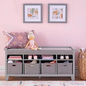 Martha Stewart Kids’ Storage Bench Gray: Wooden Toy and Book Organizer with Shelves, Built-in Cushion and Fabric Bins for Playroom and Bedroom(Grey)