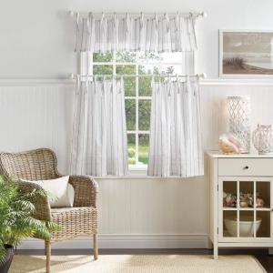 Martha Stewart Laguna Stripe Semi-Sheer Tie Tab Window Curtain Valance and Tiers Set, Mocha(Mocha)