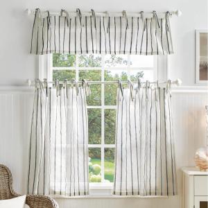 Martha Stewart Laguna Stripe Semi-Sheer Tie Tab Window Curtain Valance and Tiers Set, Mocha(Navy Stripes)