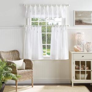 Martha Stewart Laguna Stripe Semi-Sheer Tie Tab Window Curtain Valance and Tiers Set, Mocha(White)