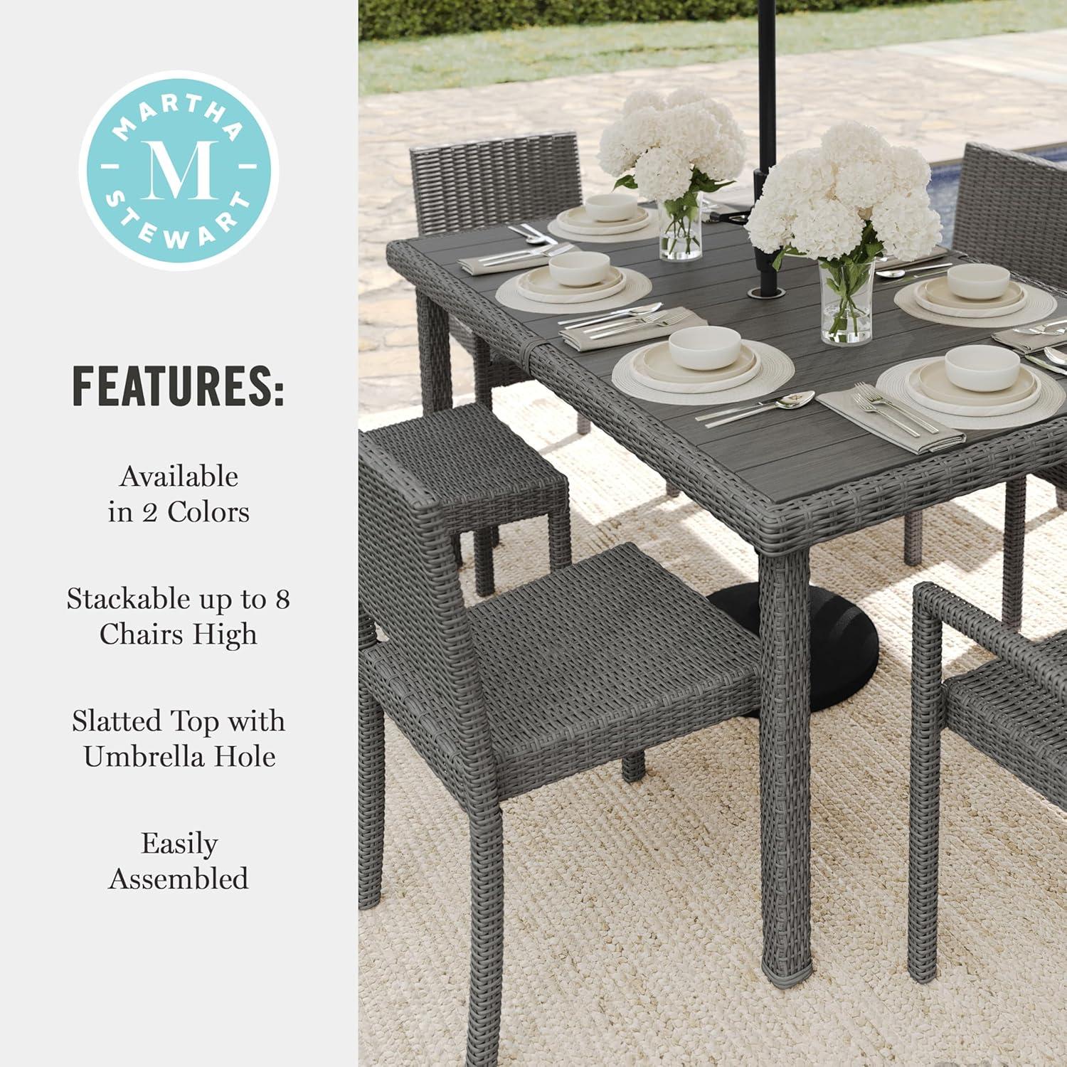 imageMartha Stewart Bedford 7Piece IndoorOutdoor Dining Set with 6 Stackable Chairs and 62 Patio Table with Faux Wood Top and Rattan Wicker Finish in GrayGrey
