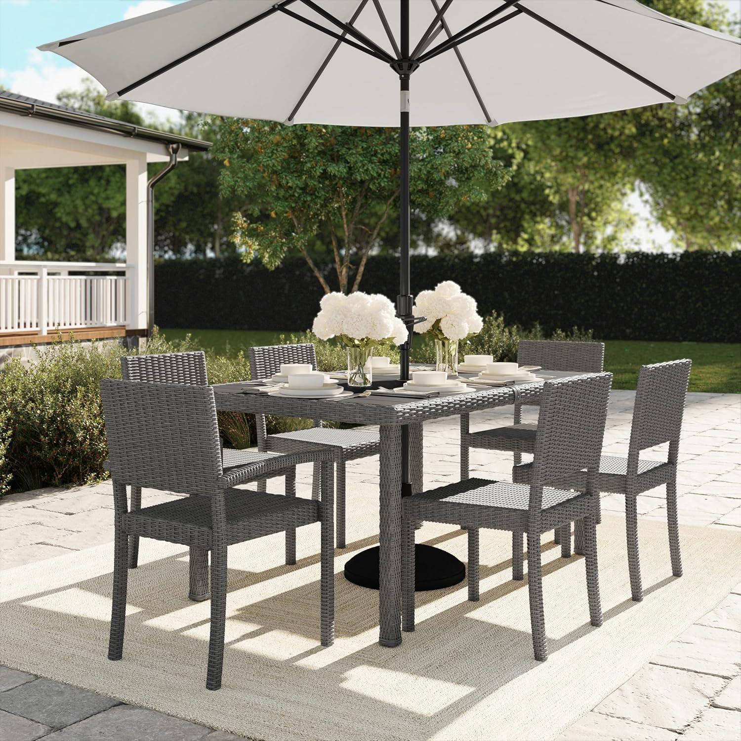 imageMartha Stewart Bedford 7Piece IndoorOutdoor Dining Set with 6 Stackable Chairs and 62 Patio Table with Faux Wood Top and Rattan Wicker Finish in GrayGrey
