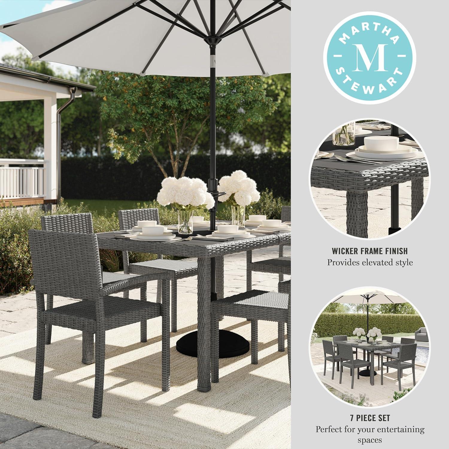 imageMartha Stewart Bedford 7Piece IndoorOutdoor Dining Set with 6 Stackable Chairs and 62 Patio Table with Faux Wood Top and Rattan Wicker Finish in GrayGrey