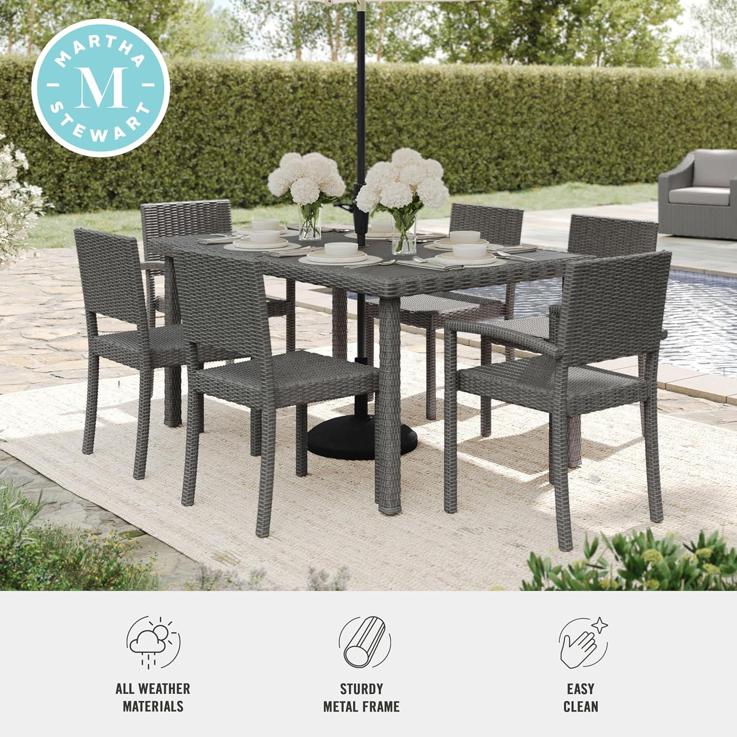 imageMartha Stewart Bedford 7Piece IndoorOutdoor Dining Set with 6 Stackable Chairs and 62 Patio Table with Faux Wood Top and Rattan Wicker Finish in GrayGrey