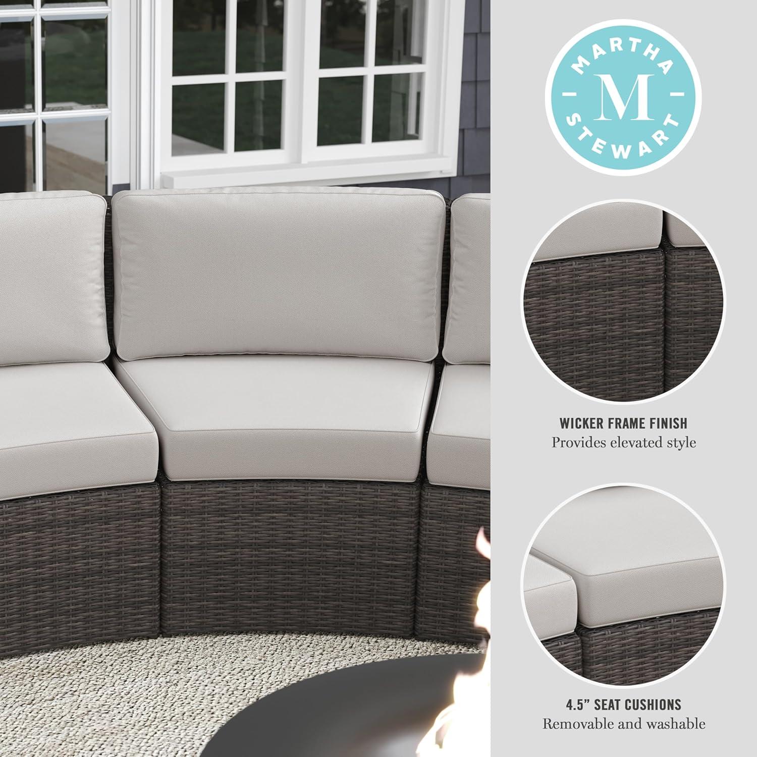 imageMartha Stewart Bedford IndoorOutdoor Modular Patio Curved Sectional Sofa Seats with Rattan Wicker Finish in Gray with Gray AllWeather Cushions Set of 2Tan CushionsBrown Frame